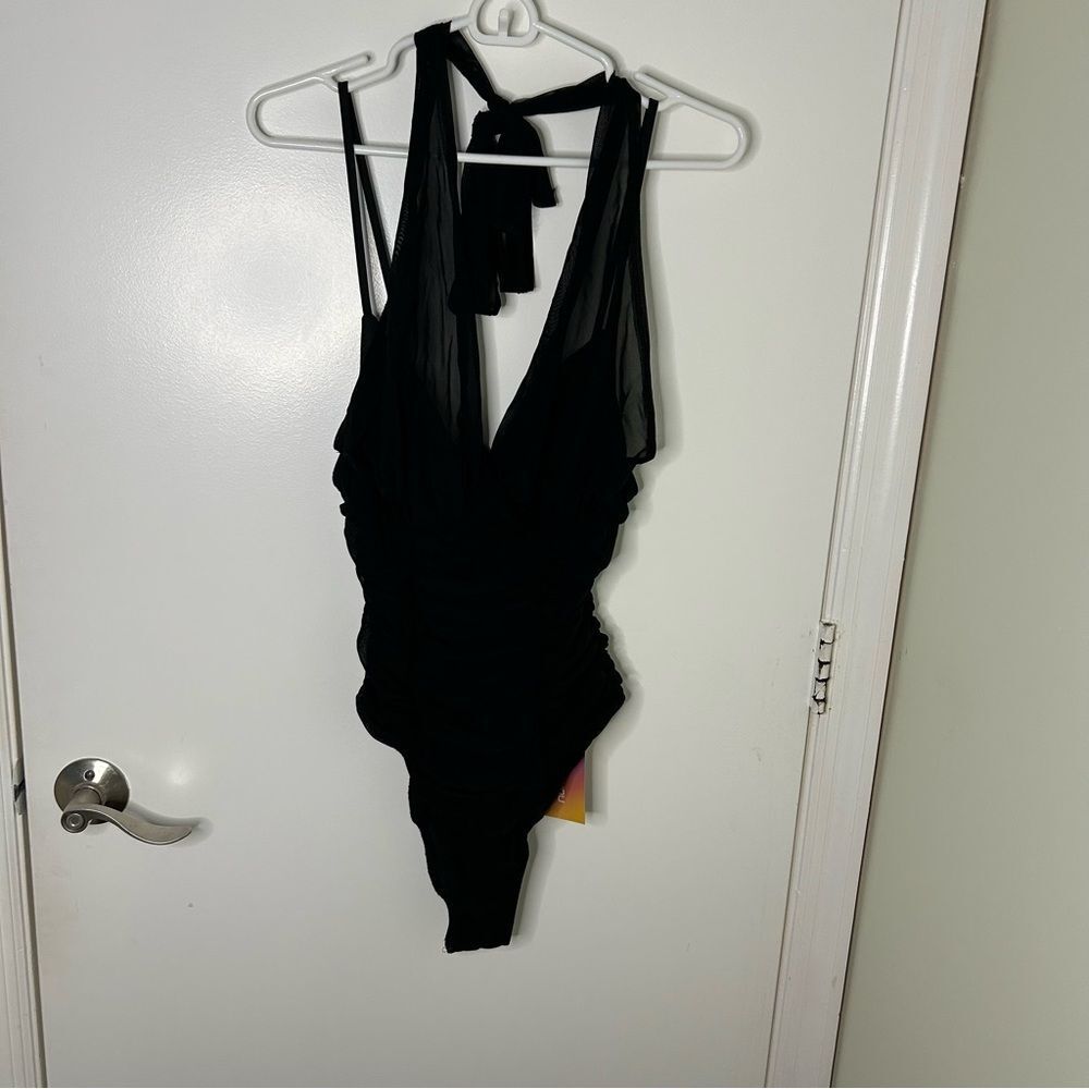 Sexy black cross halter ruched bodysuit | medium | NWT - Picture 2 of 10